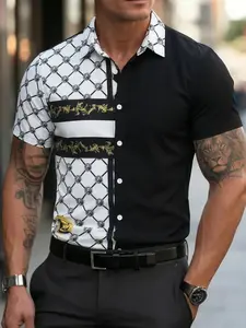 Luxury Baroque Style Slim Fit Short Sleeve Shirt | Half Black & Half Chain Print with Gold Baroque Accents | Smooth Wrinkle-Resistant Fabric | Versatile One Outfit Multiple Looks for Nightout, Party & Light Business Wear