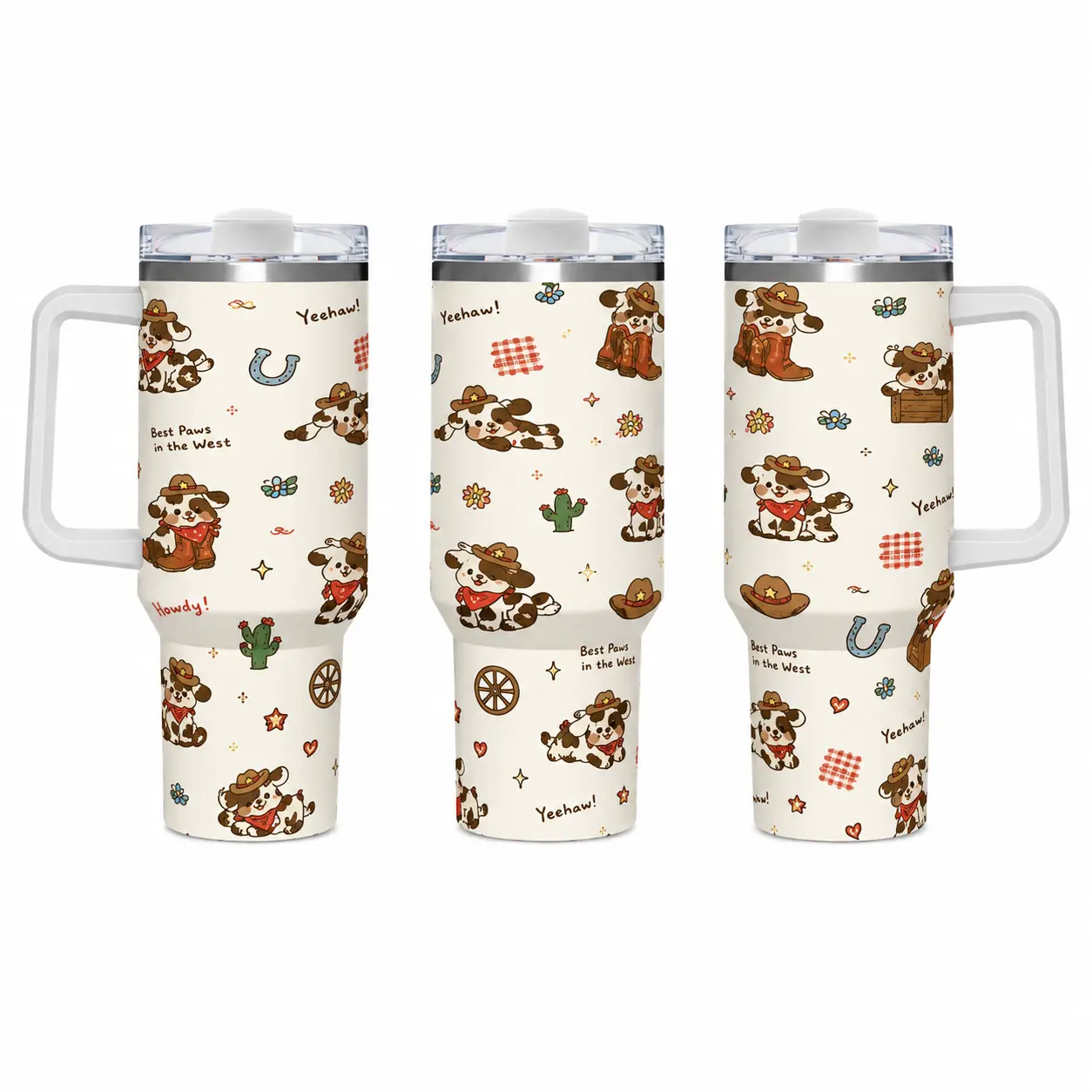 40oz Stainless Steel Insulated Tumbler - Portable Water Bottle with Handle & Straw, Cream Western Cowboy Spot Puppy Print, Cactus Horseshoe Wheel, Yeehaw Howdy Quote, Leakproof Double-Wall for Country Western Dog Lovers' Daily Drink Hydration