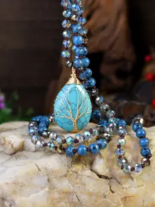 Boho Life Tree Turquoise Pendant Long Necklace, Vintage Ethnic Artificial Crystal Sweater Chain, Handmade Jewelry Gift for Men and Women