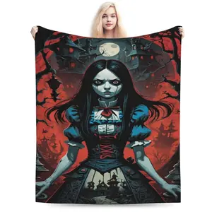 Alice Madness Returns Anime-Themed Gorgeous Flannel Blanket - Soft and Warm, Suitable for Sofa, Bed, Car, Office, Camping blanket plushthin quilt holiday gift Intense Nacho Printed Flannel Blanket