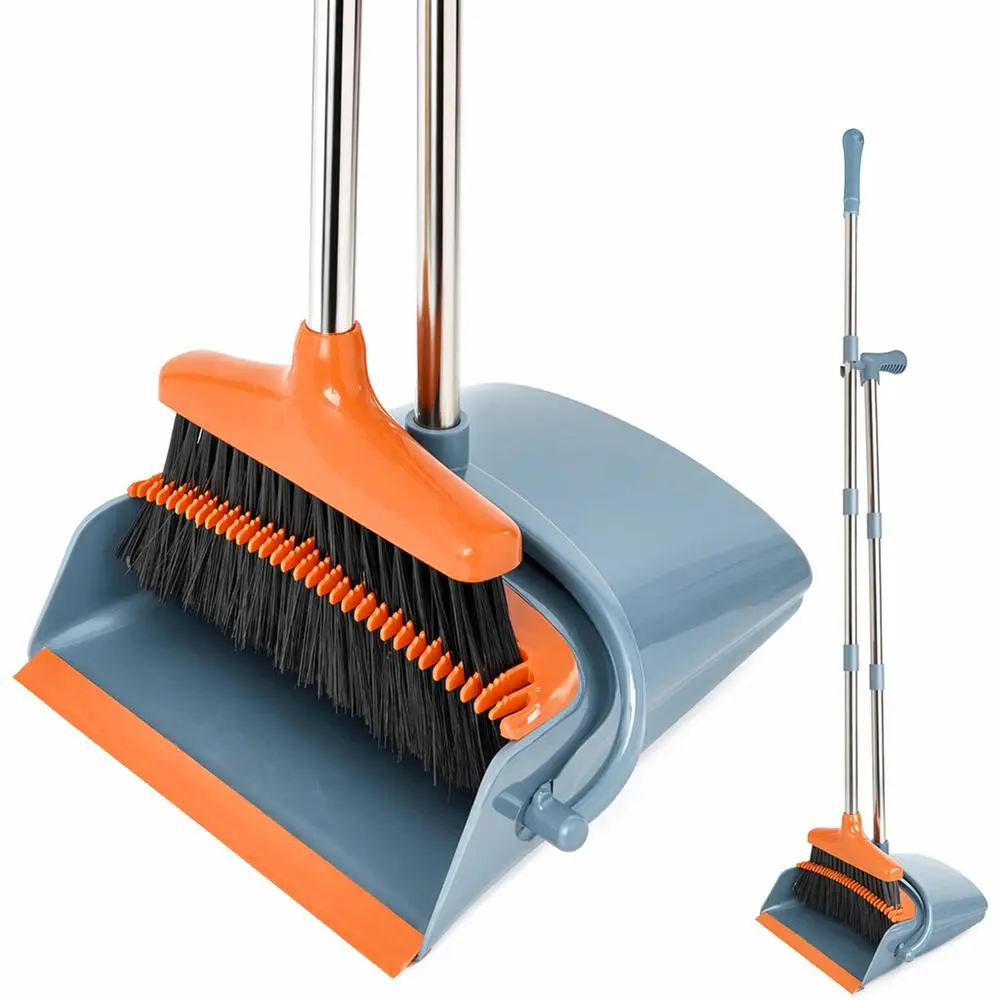Broom and Dustpan Set Anti-rust Polished Metal Pole Waterproof Plastic Parts Durable Combo For Bathroom Kitchen Indoor Sweeping Cleaning Gray & Orange