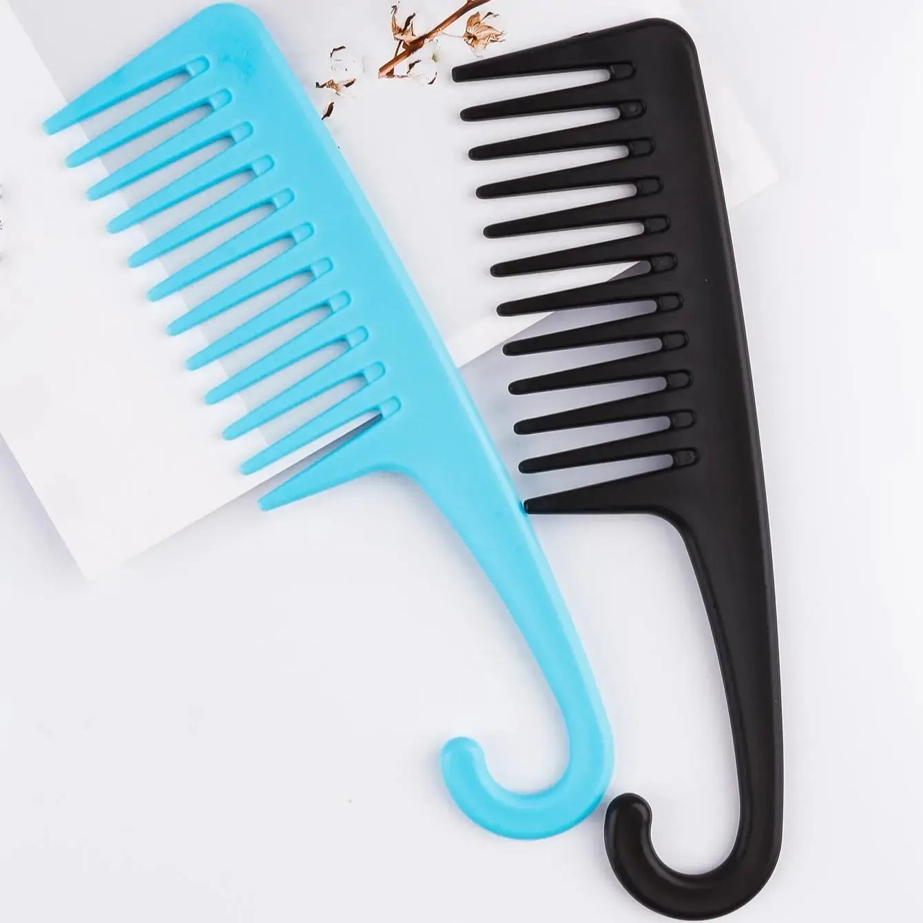 2-Piece Wide-Tooth Comb Set, Shower Comb with Hook for Curly Hair, Detangling Brush with Handle for Wavy Hair, Easy-To-Use Hair Care Tools, Hair Styling Tools, Detangler Combs