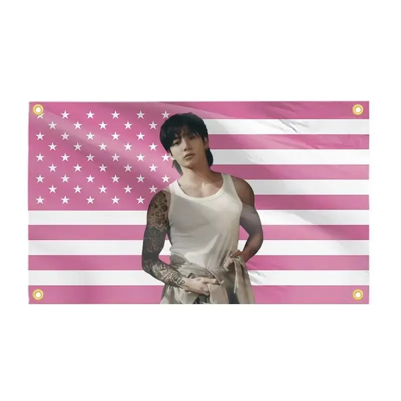 Jungkook Pink American Flag Kpop Idol Tapestry, Hanging Banner Gift for Fraternity & Bedroom Decor, Aesthetic Room Decorations (Home Supplies for Dorm Spaces, Full size)