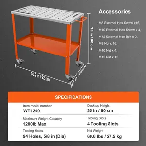 VEVOR 36x 18 Welding Table, 1200lbs Load Capacity Steel Welding Workbench Table on Wheels, Portable Work Bench with Braking Lockable Casters, 4 Tool Slots, 5/8-inch Fixture Holes, Tool Tray