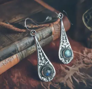 Loved To Death Gothic Victorian Handmade Sterling Labradorite Bow Earrings