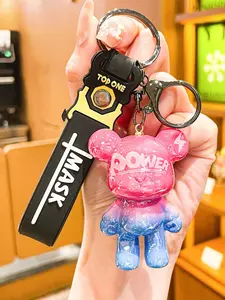 Gradient Electroplated Bearbrick Keychain Set with Wrist Lanyard POWER Letter Glitter Bear Pendant Aesthetic Backpack Bag Charm Cool Trendy Gift for Men Women Teens Couples