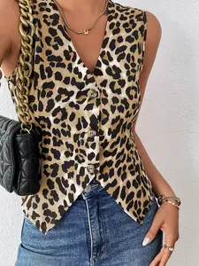 A fashionable leopard print slim fit V-neck sleeveless vest for women, suitable for commuting to work, shopping and outdoor activities, indoor and outdoor dressing