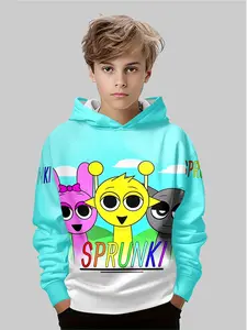 New Cosplay Rhythm Box Sprunki Plush Character Graphic Casual Hoodie for Boys, Fitted Casual Style, Fall & Winter Wear, Moderate Fabric Thickness