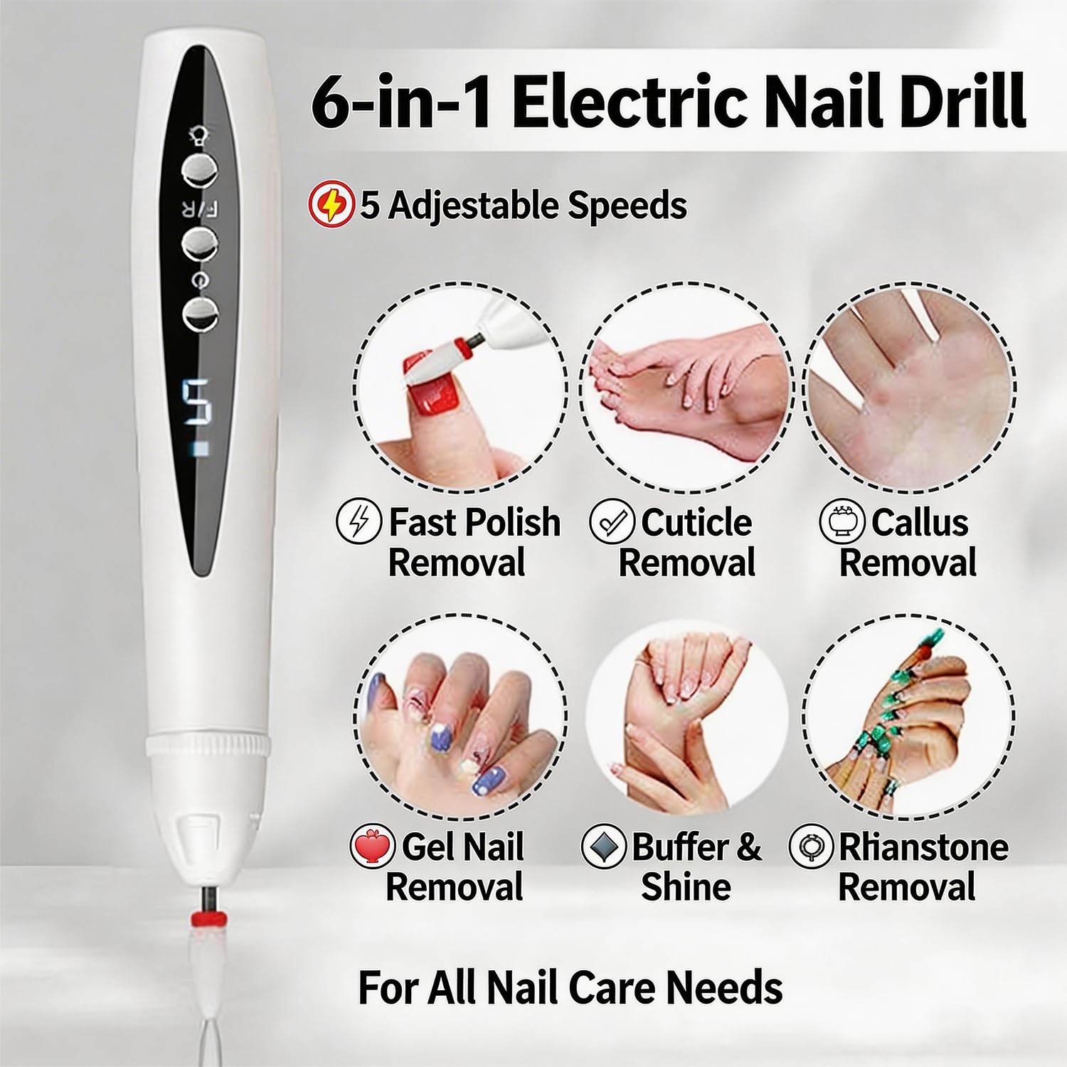 Rechargeable Nail Drill, Cordless Electric File for Fungus Nail Care | Thick Nail Maintenance, Smooth Nail Shaping & Buffing, Precise Cuticle Care, Gentle Daily Nail Grooming,