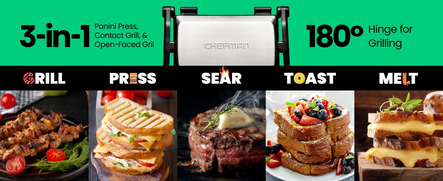 Chefman 3-in-1 Panini Press & Grill, 2-Slice Non-Stick, Opens Flat - Stainless Steel
