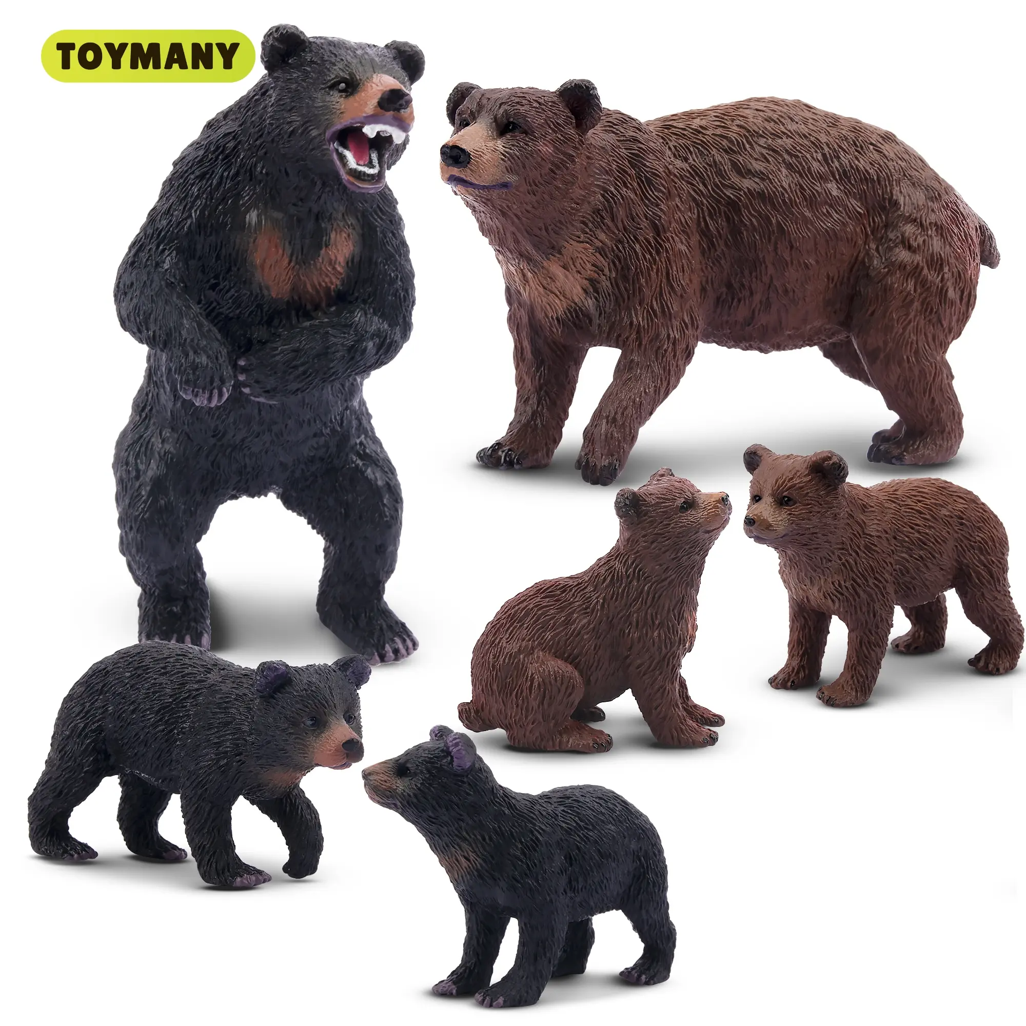 Toymany 6PCS Bear Figurines, Realistic Forest Animals Bear Family Figures Toy Set Includes Brown Bears Black Bears and Cubs, Education Toy Birthday for Kids Toddlers
