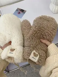Winter Lamb Fleece Bear Emblem Gloves for Women with Neck-Hanging Design, Cute and Fashionable, Winter Riding, Fleece-Lined, Thickened, Warm and Cold-Proof