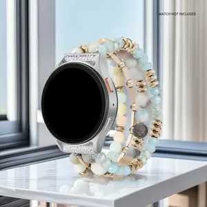 Beaded Boho Bracelet Smartwatch Strap Compatible for Samsung Galaxy Watch 7/6/5/4 40/44mm Bands/Active 2 Watch 4 Classic 42mm Band Women, 20mm Handmade Cute Elastic Crystal Beads Bracelet for Galaxy Watch 5 pro