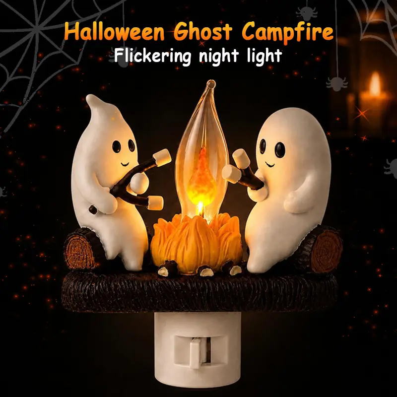 Halloween Ghost Campfire Night Light, 3D Plug In Flickering Flame Lamp with Cute Ghost Fire Scene, Spooky Ambient Decor Light for Bedroom, Living Room, Hallway, Party & Halloween Christmas Gift for Kids and Adults