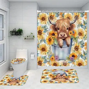 Sunflower Cow Pattern Bathroom Decor Set, 4 Counts/set Including 1 Shower Curtain, 1 Toilet U-shape Mat, 1 Rectangular Mat, 1 Toilet Lid Cover, Bathroom Accessories