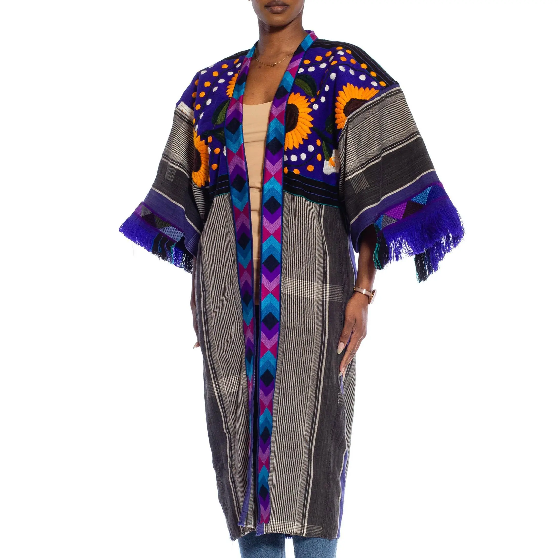 MORPHEW COLLECTION Royal Blue, Sunflower African Cotton Duster With Vintage Hand-Embroidered Details