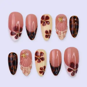 [FLASH SALE 50%] Autumn Press On Nails, Tortoise Shell and Floral Design, Medium Almond Fake Nails, Handmade Nail Art for Fall Gifts Parties