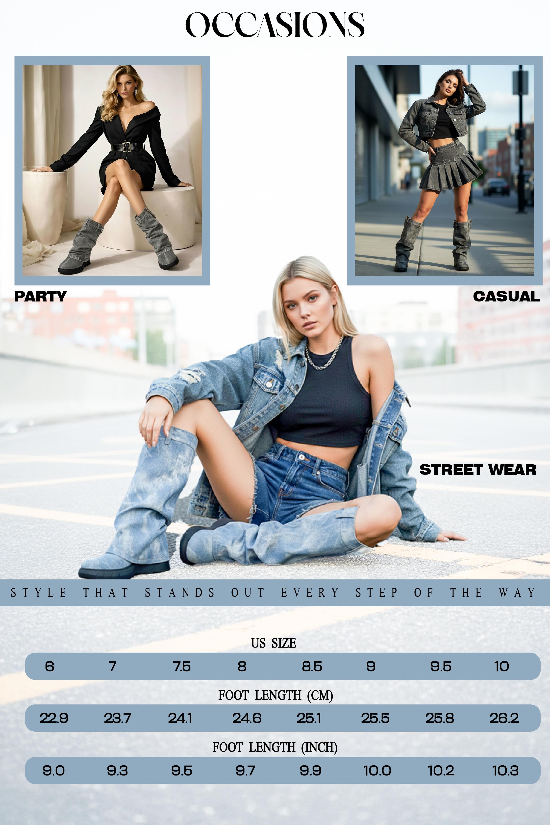 Womens Faux Denim Boots Mid Calf Boot Round Toe Slope Heels Zipper Button Design Easy Pull On Fold Over Slouchy Party Dressy Dailywear Gifts Riding Summer Casual Shoes