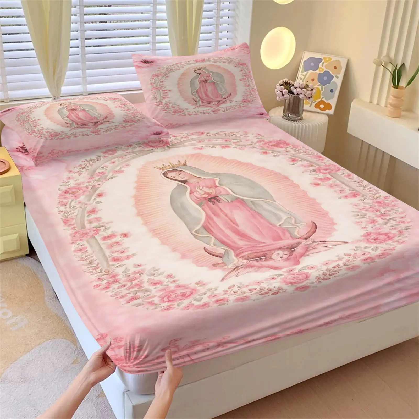 3Pcs Our Lady of Guadalupe Print Fitted Sheet Set, Mexican Faith Bed Sheet Set with Pillowcases, No Fillers, Deep Pocket Sheet for Bedroom Dorm, Stylish Religious Bedding for Devout Teens Adults, Complete Sheet Set, Bed Sheets Set