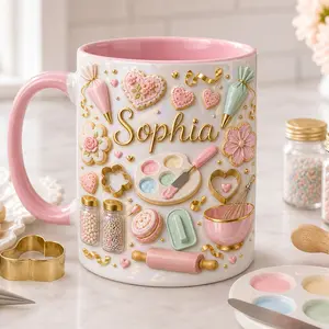 Personalized Cookie Decorator Mug 2D Printed 3D Effect, Custom Name Ceramic Coffee Cup with Icing Bag, Cookies, Rolling Pin Design, Gift for Baker Women