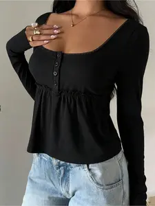 Women's Square Neck Long Sleeve Top, Square Neck Button Front Babydoll Blouse, Y2K Streetwear Aesthetic Casual T-Shirt
