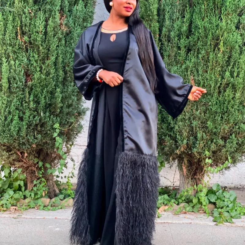 Black Faux Fur Kimono - Women's Coat with Long Sleeves and Fluffy Fur Trim - Coats, Womenswear