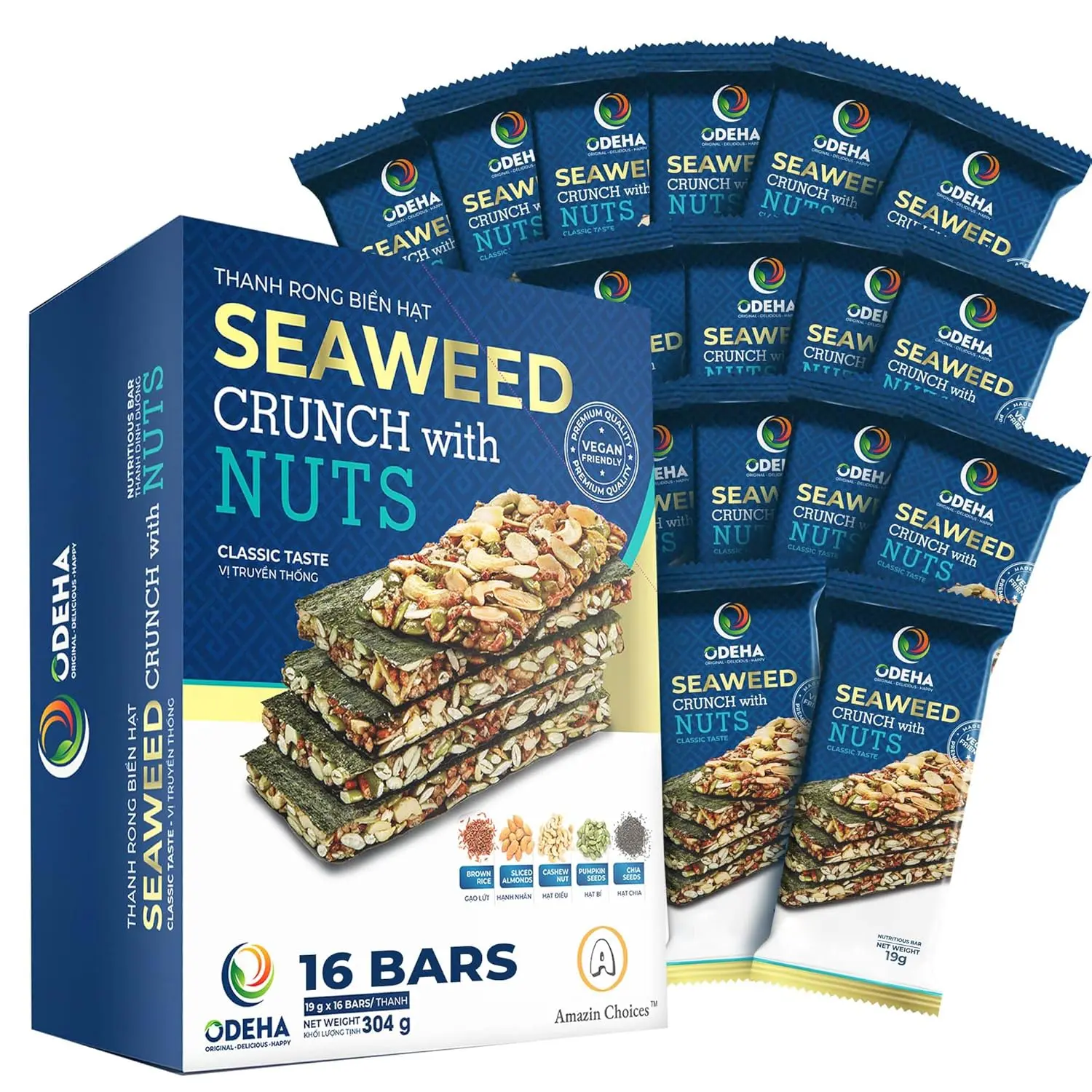 Amazin Choices Seaweed Crunch with Cashews, Almonds & Pumpkin Seeds, Classic Flavor, Vegan Seaweed Snack Bar, Crispy Asian Seaweed Chips, Office & On-the-Go Snack, Pack of 1