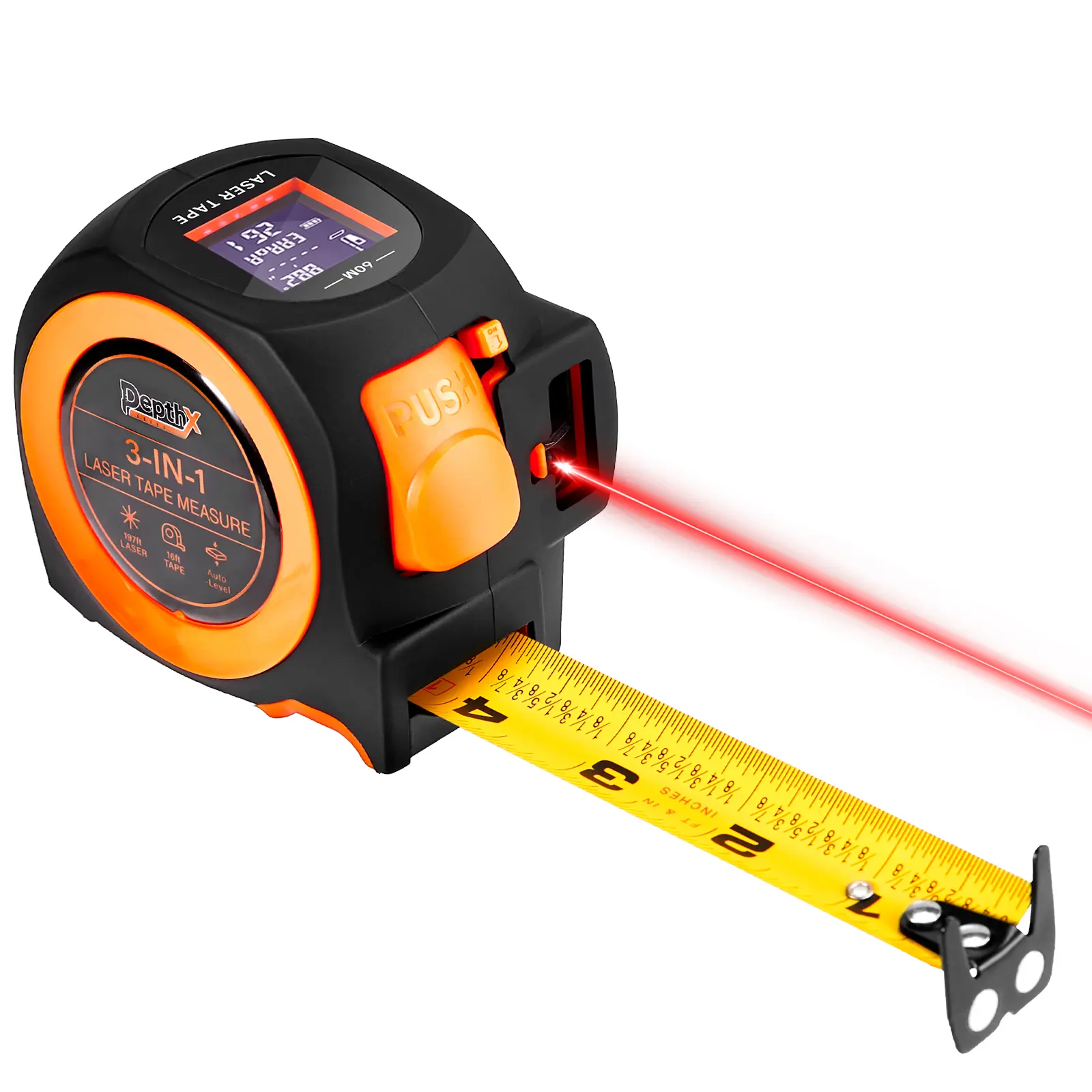 3 in 1 Laser Tape Measure 197FT/60M with Fractions, Rechargeable Digital Measure Tool 16FT Magnetic Double Sided Steel Tape, Auto-Level Angle Gauge for Woodworking & Construction
