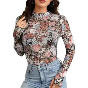 Mesh Long Sleeve Top for Women, Lace Sheer Tops See Through Mock Neck Floral Embroidery Sheer Blouce Fishnet Shirt