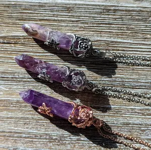 Amethyst Flower Wrapped Pendant: Healing Crystal Necklace, Antique Silver/Copper Finish