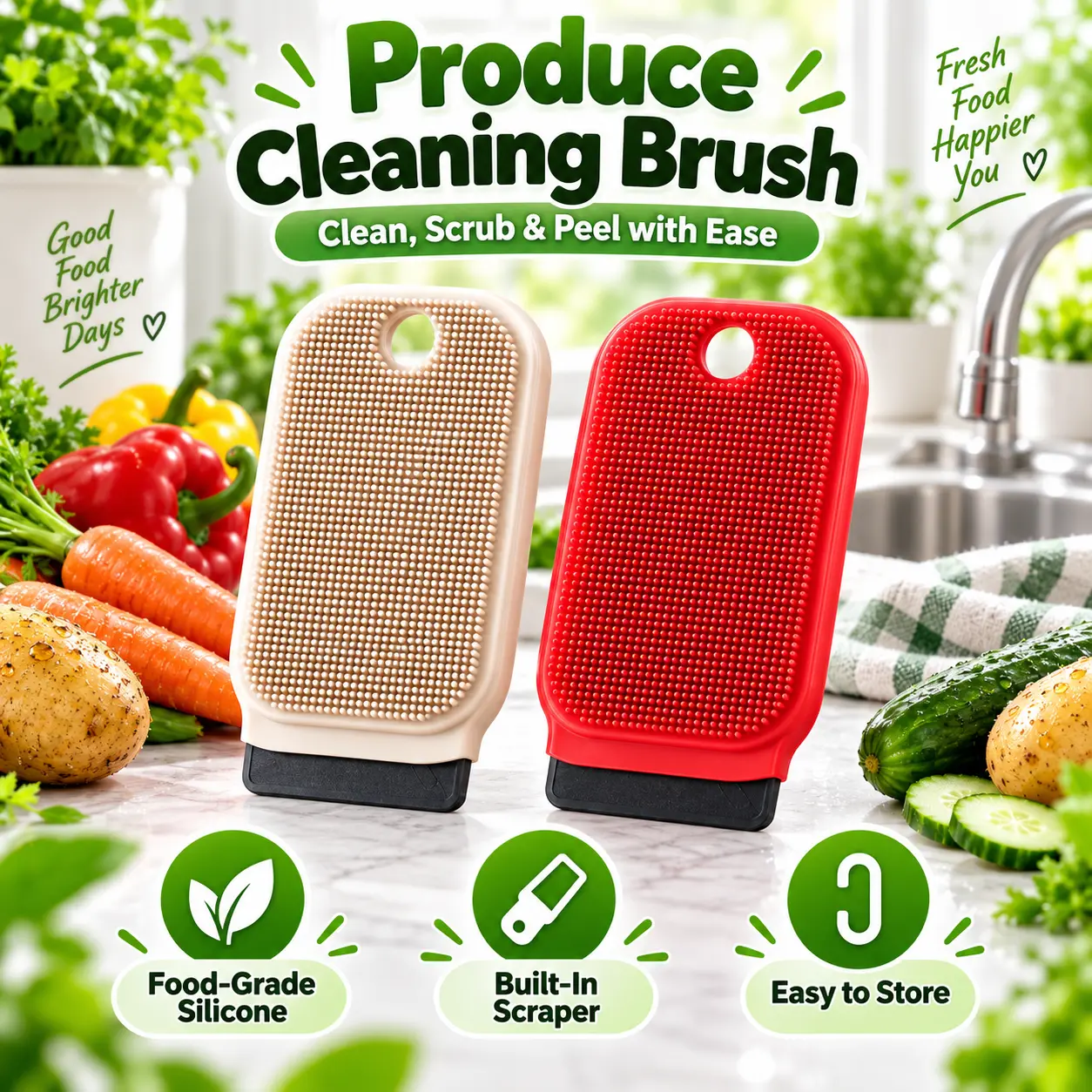 2-in-1 Silicone Fruit & Vegetable Cleaning Brush with Built-In Scraper, Compact Soft-Bristle Kitchen Accessories for Daily Root Veggies, Simple Easy-Hang Produce Scrubber, Red/Beige