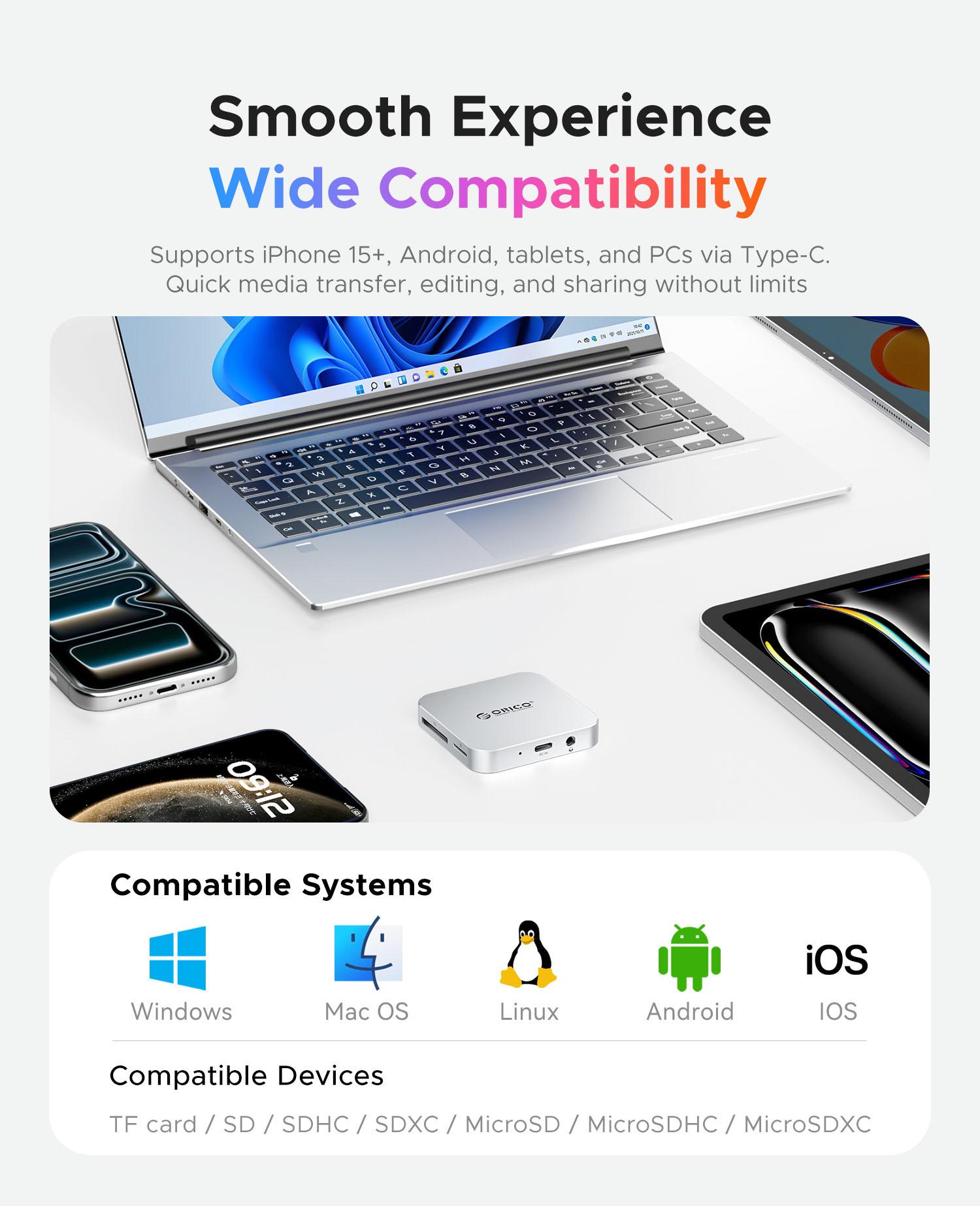 ORICO Ultra-Thin Magnetic SD Card Reader for iPhone 17/16/15 Series/iPad/MacBook, USB C Camera  with SD/TF 3.0 Solt, 100W PD Pass-Through