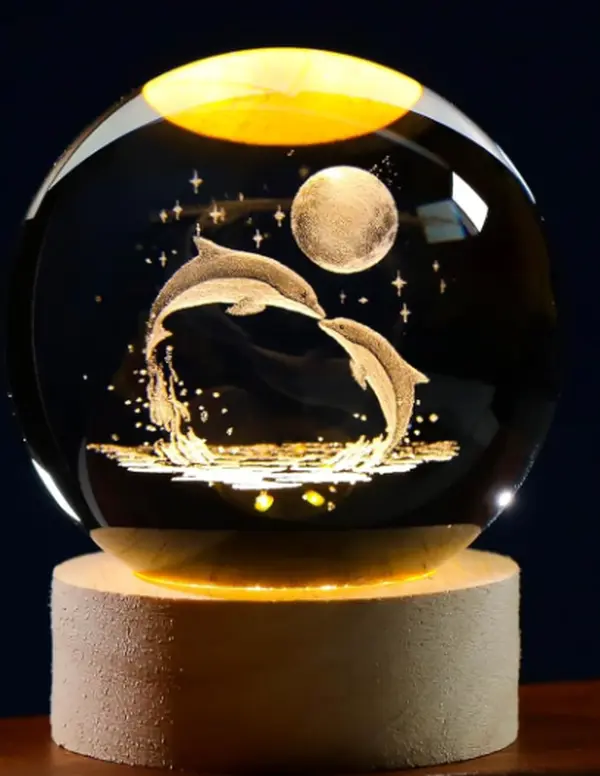 3D Dolphin Laser Etched Glass Crystal Ball Nightlight with Wooden Base, Modern 3D Effect Home Decor Statue, Boxed Figurine Collectible