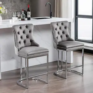 [Bellemave]25" Counter Height Bar Stools Set of 2, Modern Velvet Barstools with Button Back&Rivet Trim Upholstered Kitchen Island Chairs with Sturdy Chromed Metal Base Legs Farmhouse Bar Stools