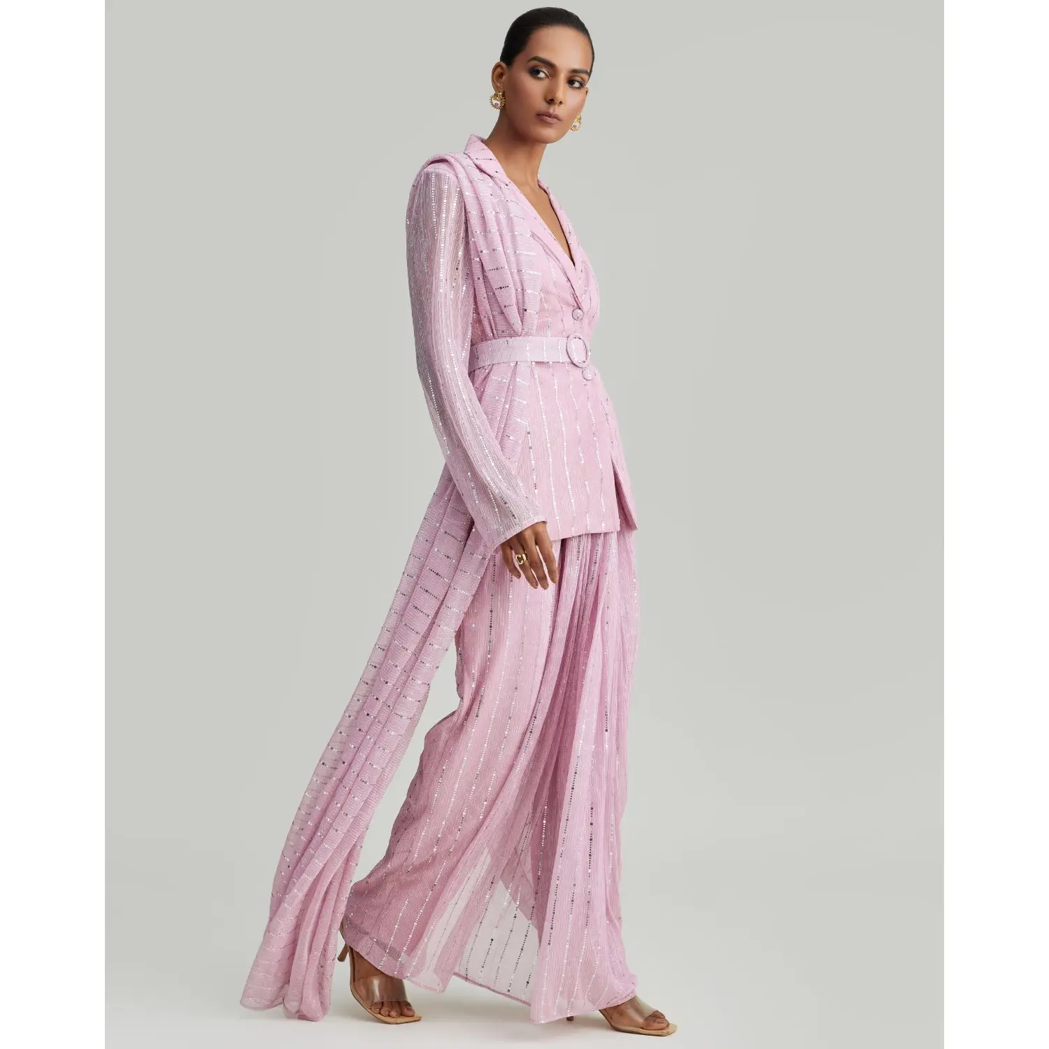 Dalia Sari Pant Suit - Pink & Silver Foil Sequin Blazer, High-Waisted Pants, Detachable Drape & Belt