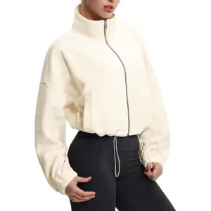 Women's Fleece Cropped Jacket Full Zip Stand Collar Workout Short Sherpa Coats with Pockets Drawstring Hem