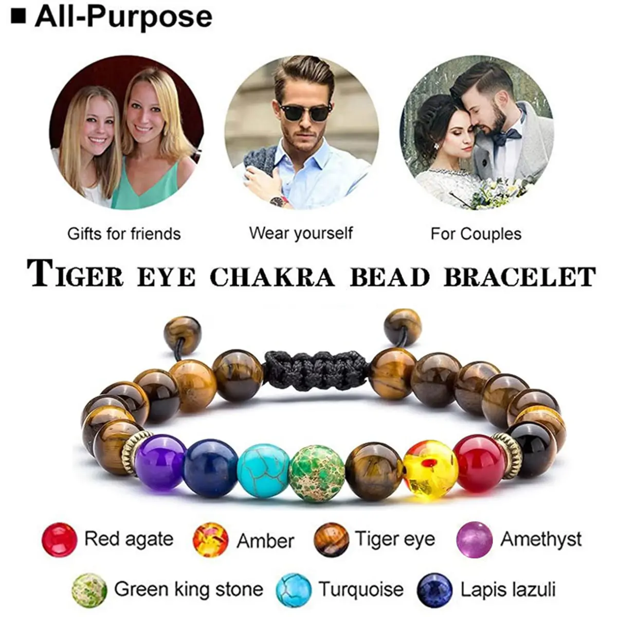 7 Chakra Healing Bracelet with Tiger Eye & Agate, Handmade Boho Beaded Jewelry for Yoga & Intuition, Adjustable for Daily Wear, 6.5-8.5 Inches, Beautiful Bracelets, Crystal Design, Genuine Stones, 7-8.5" Length, High Quality Bracelet