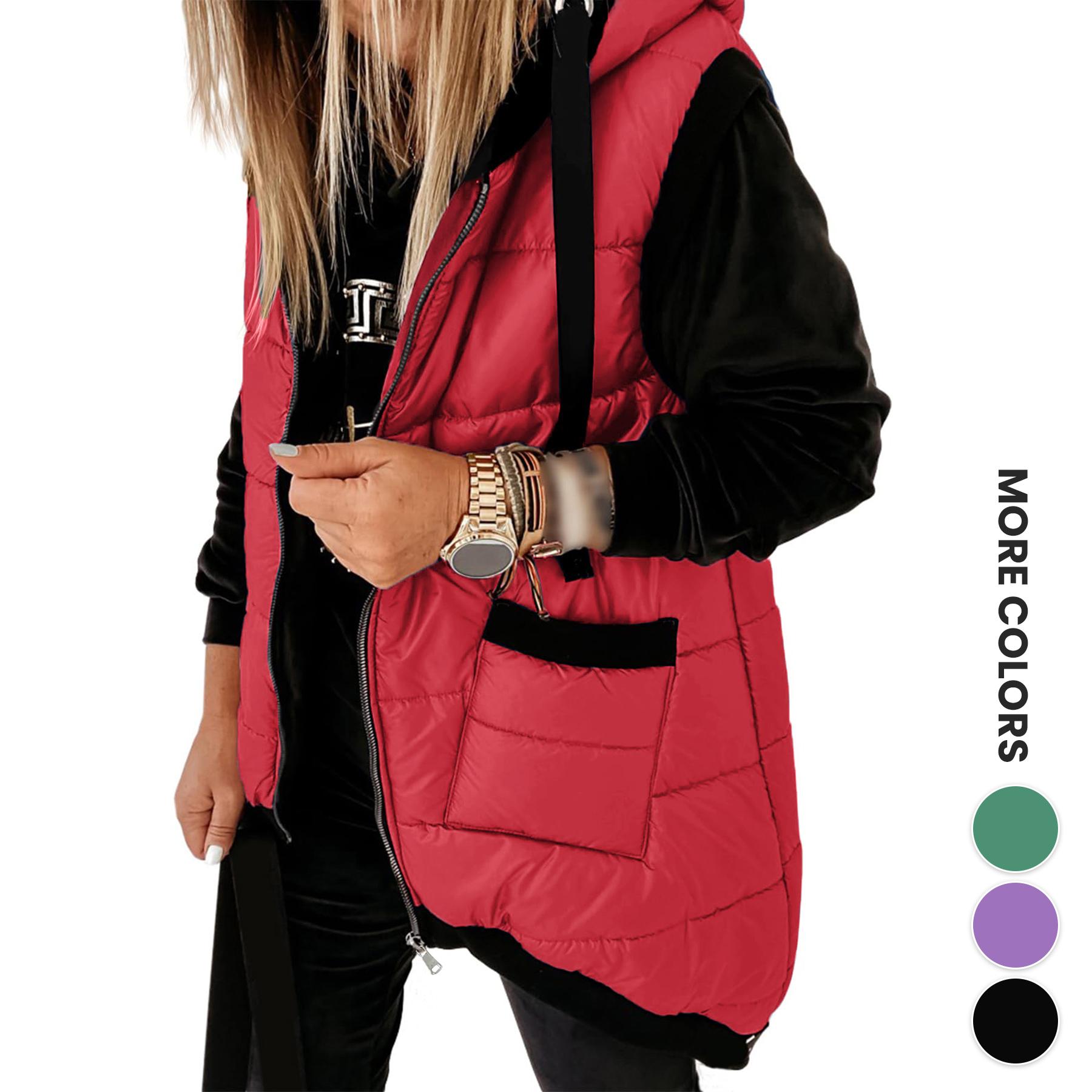 Aswulk Women Hooded Quilted Padded Vest, Thick Zip Up Sleeveless Jacket With Big Pockets, Front Short Back Long Casual Layering Gilet