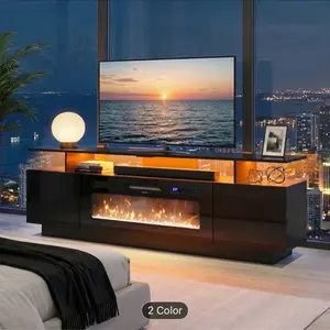 Contemporary black TV Stand Featuring a High Gloss End And LED Lighting, Equipped with a 36-Inch Electric Fireplace. This Media Console Includes Two Storage Cabinets And Open Shelves, Designed to Accommodate 70 to 80-Inch Televisions