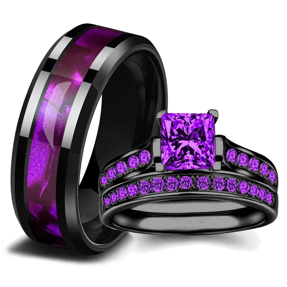 Trendy Couple Rings Exquisite Women Purple Rhinestones Zirconia Rings Set Men Stainless Steel Abalone Shell Ring Wedding Jewelry