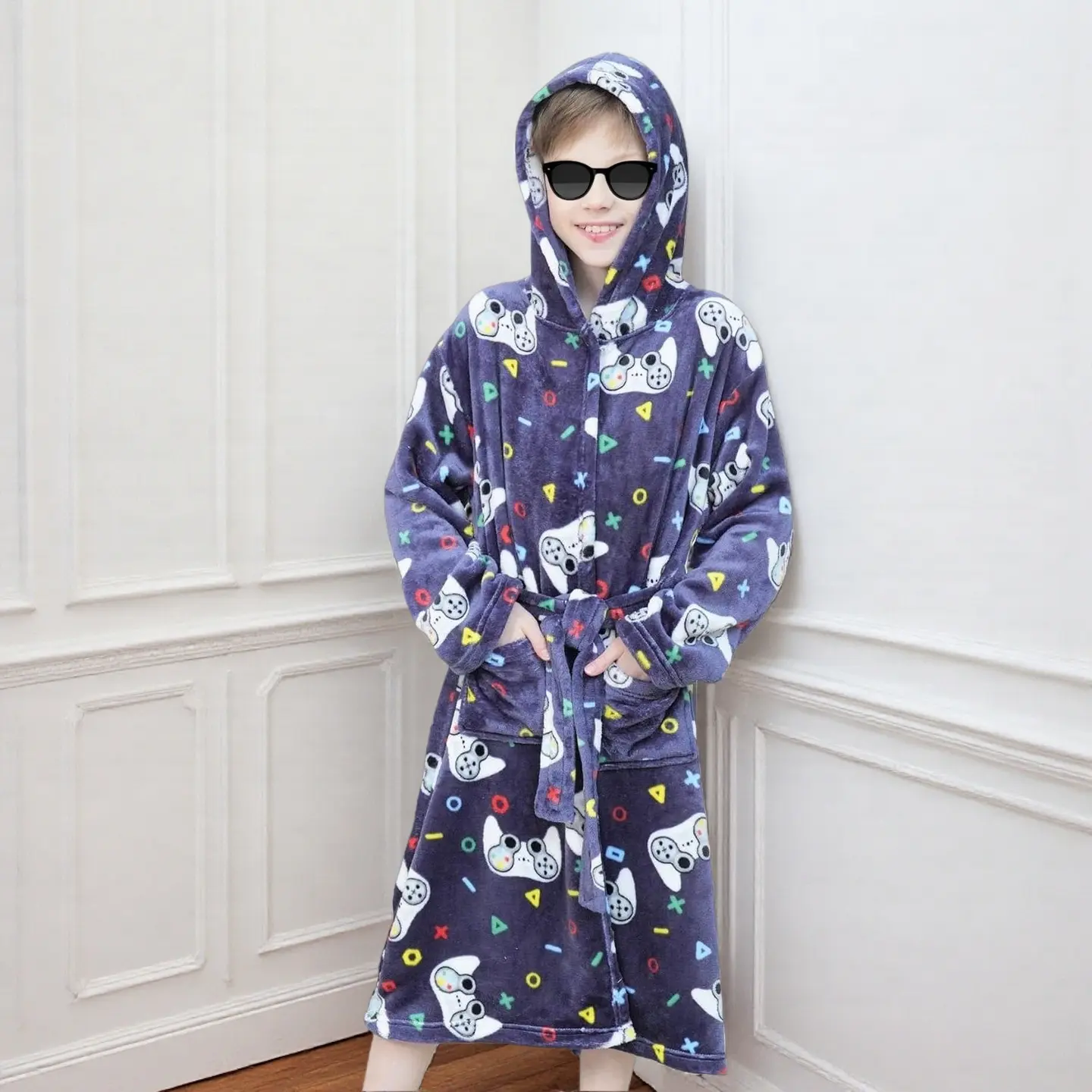 L-SQ022  Boys Hooded Bathrobe for Kids - Soft Warm Gamer Fleece Robe & Sleepwear