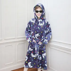 L-SQ022  Boys Hooded Bathrobe for Kids - Soft Warm Gamer Fleece Robe & Sleepwear
