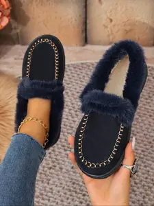 Women's Plus Size Square Toe Fuzzy Lining Casual Winter Slip On Shoes, Warm Fall Winter Footwear, Comfortable Daily Wear Sports Shoes