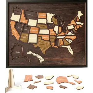Wooden USA Travel Map Puzzle, United States Journey Tracker Maps Pin Board for Traveling with Elements Sticker, Couple Family Art Home Decor, Daily Travel Tracker Marking Gifts