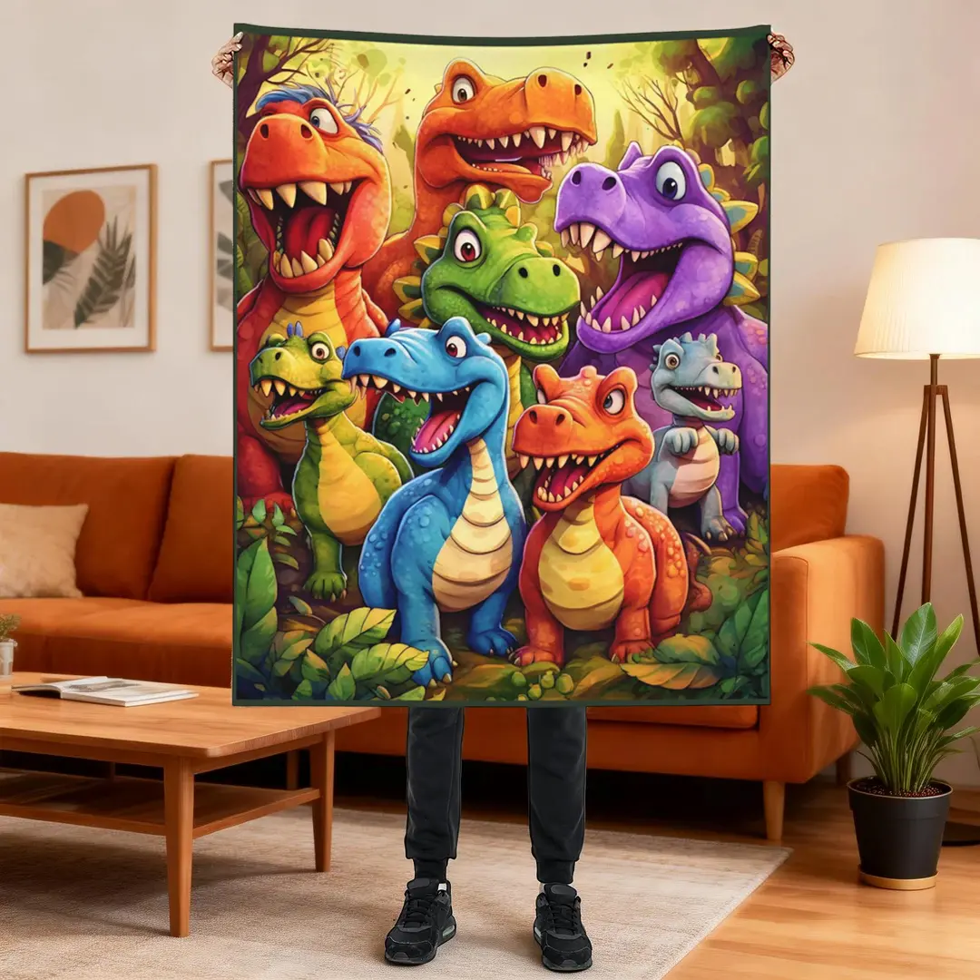 2D Funny Dinosaur Blanket ( No 3D ) Cute Smiling Dino Flannel Throw 50x40inch Soft Cartoon Animal Lightweight Cozy All Season Nap Blankets for Kids Gift Bedroom Decor summerwins, Animal Character Blankets, Cartoon Blankets