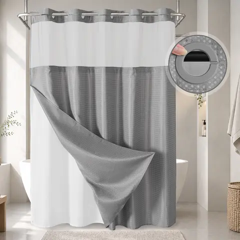 No Hook Washable Waffle Weave Shower Curtain with Snap in Liner -Waterproof Double Layer Shower Curtain With WashableInner Liner,  72 x75 Inch Showercurtain