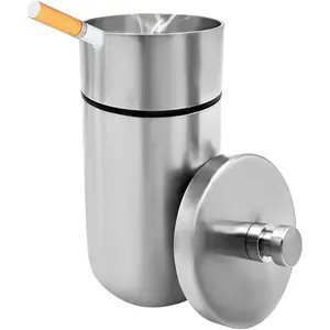 Car Ashtray with Lid, Stainless Steel Durable Smokeless Smell Proof Ash Tray, Detachable Portable Windproof Butt Bucket for Car Cup Vehicle Home Office (Silver, Large)