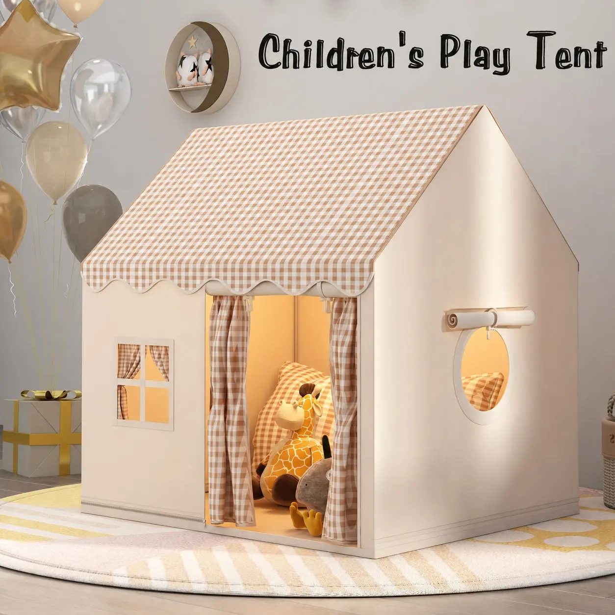 Round Grid Window Playhouse, Outdoor Playhouse, Check Pattern Tent with Side Windows, Portable Play Area for Imaginative Play, Perfect for Kids' Fun, Party Play Tent