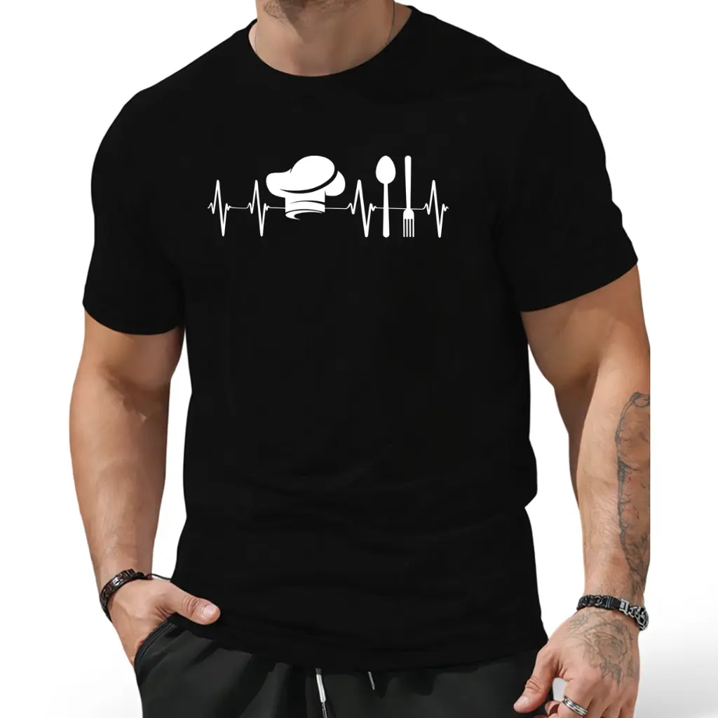 Funny Chef Cooking Heartbeat Graphic T-Shirt - Soft Breathable Cotton Crew Neck Tee for Chefs, Home Cooks - Machine Washable Apparel Gift for Foodies, Casual Wear, Comfortable Fit Shirt