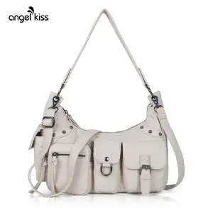 Angel Kiss Hobo Bag for Women Soft Vegan Leather Shoulder Handbag Multi-Pocket Tote Crossbody Bag with Removable Strap and Zip Closure